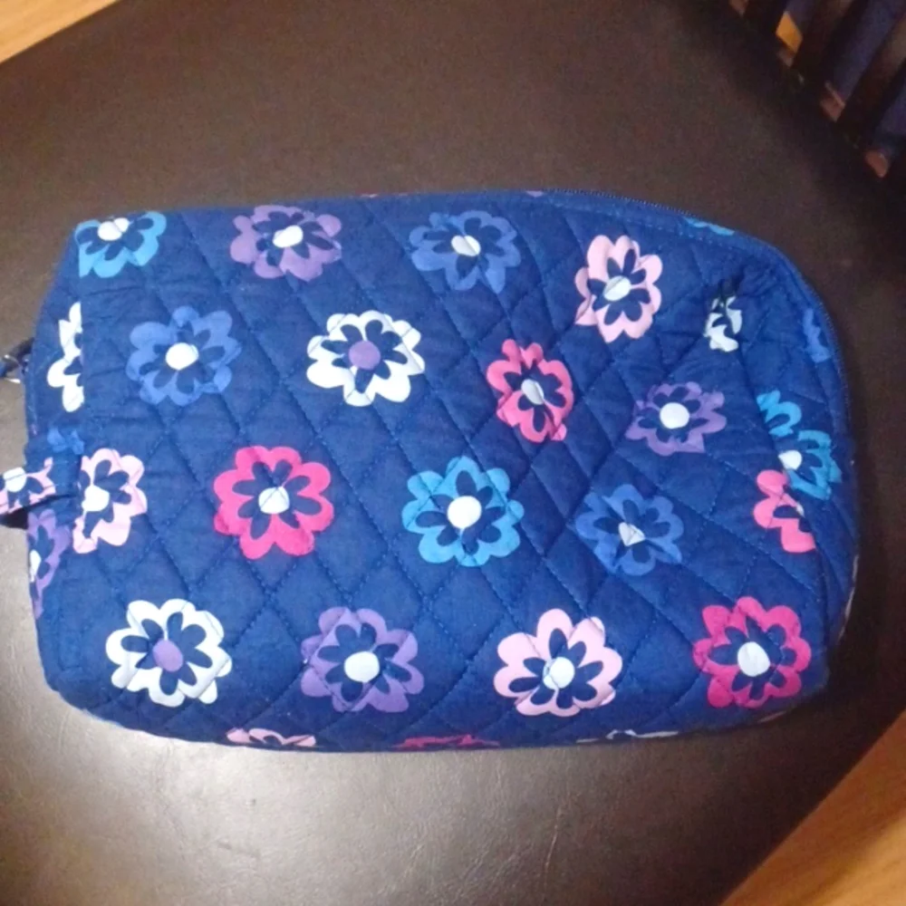 Quilted Navy Floral Cosmetic Pouch